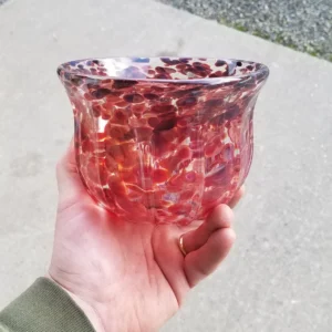 A person holding a glass bowl with red and purple liquid inside.