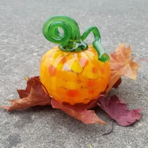 A pumpkin sitting on top of leaves.
