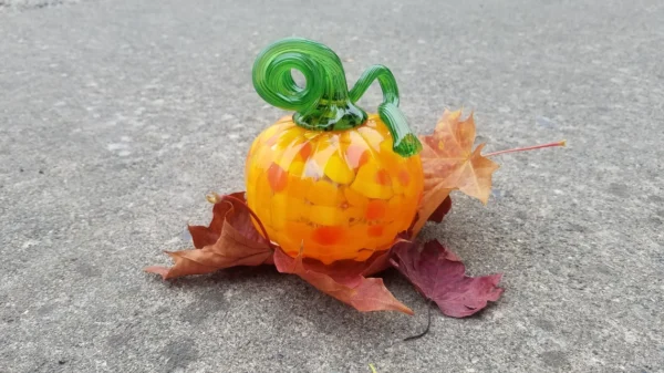 A pumpkin sitting on top of leaves.
