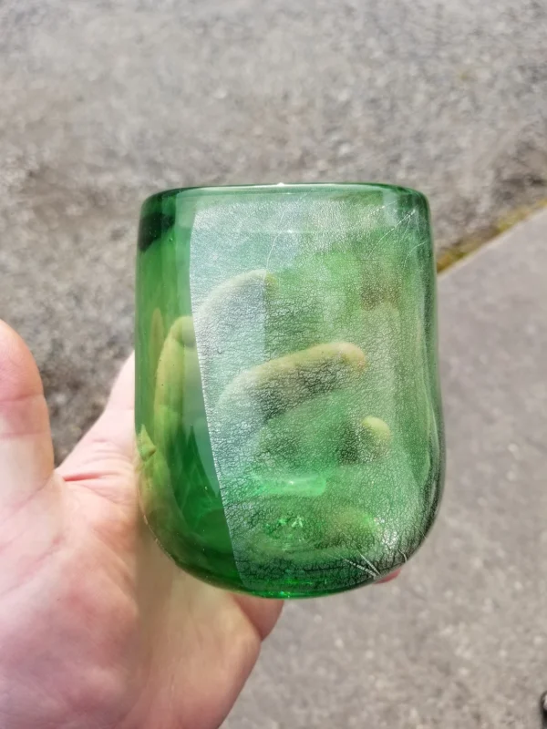 A person holding a glass with green liquid in it.